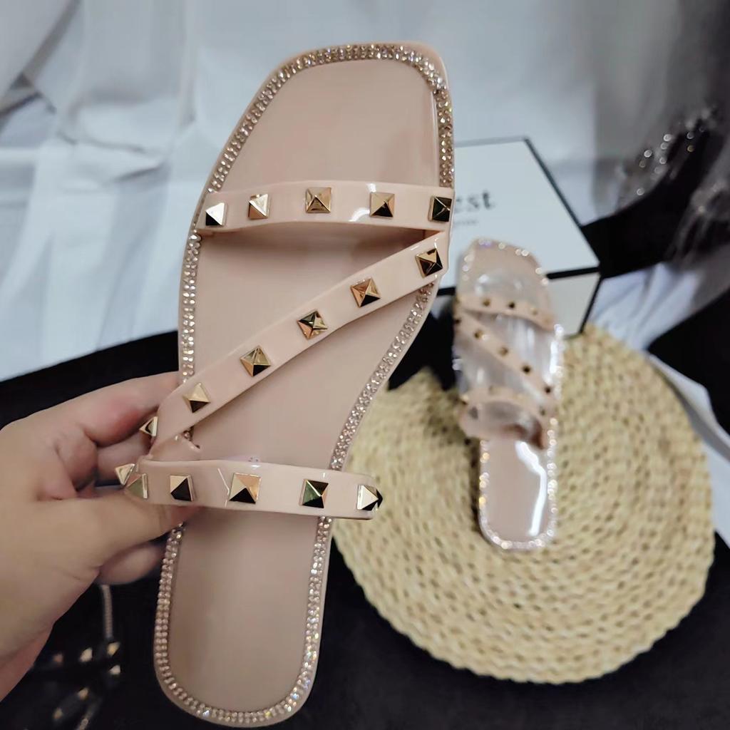 Slippers Women's Outer Wear Square Head Circumference Diamond Jelly Shoes Spring and Summer New Crystal Square Head Slippers