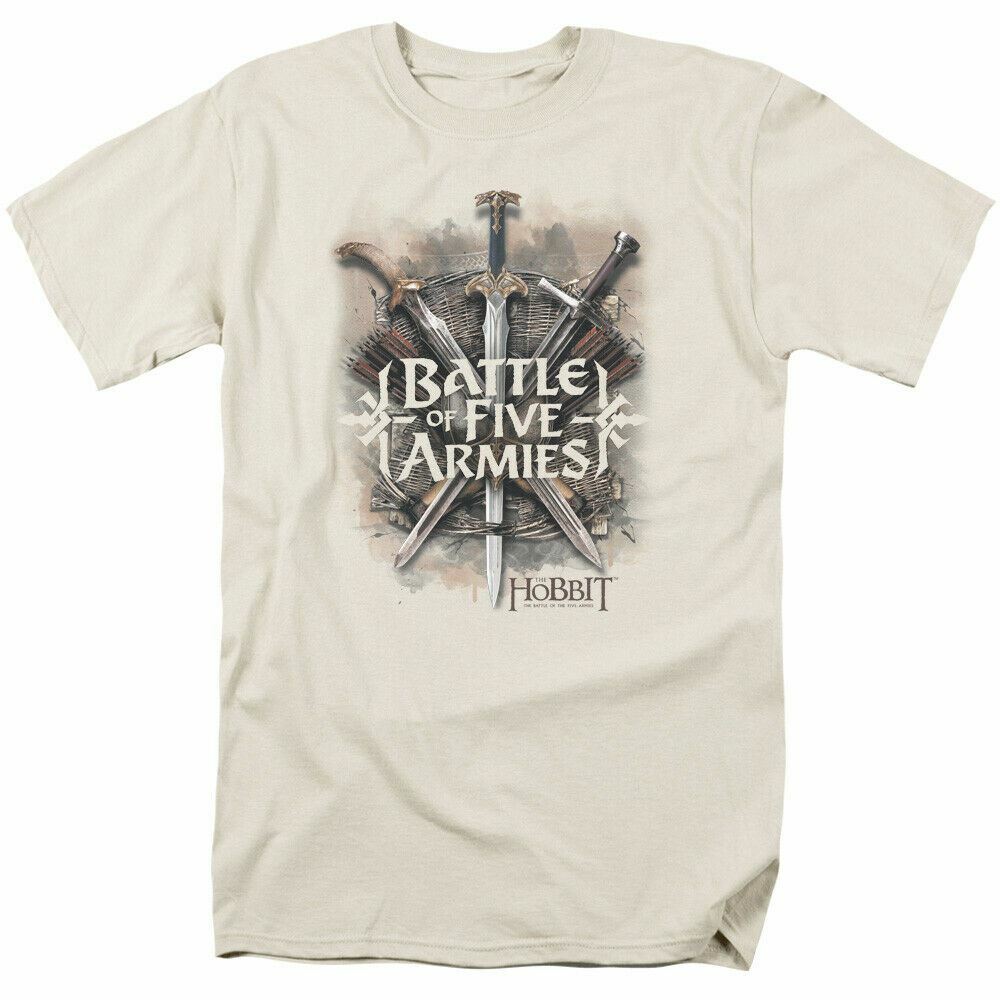 The Hobbit Battle of Armies T Shirt Mens Licensed Fantasy Movie Tee Bilbo Cream XL