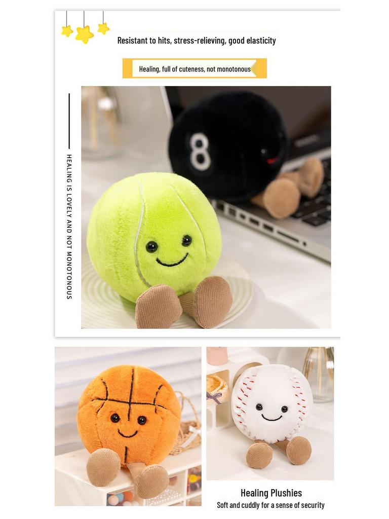 Cross-Border Sports Plush Figurines: Cartoon Football, Basketball, Tennis, Baseball, Billiards Dolls - Fun Gifts for Kids