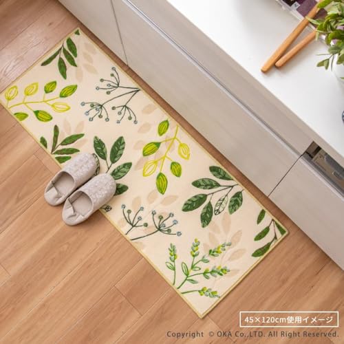 OKA Leaf Breath Kitchen Mat, Approx. 45cm x 180cm, Green (Washable, Antibacterial, Boshu, Non-Slip, Refreshing)