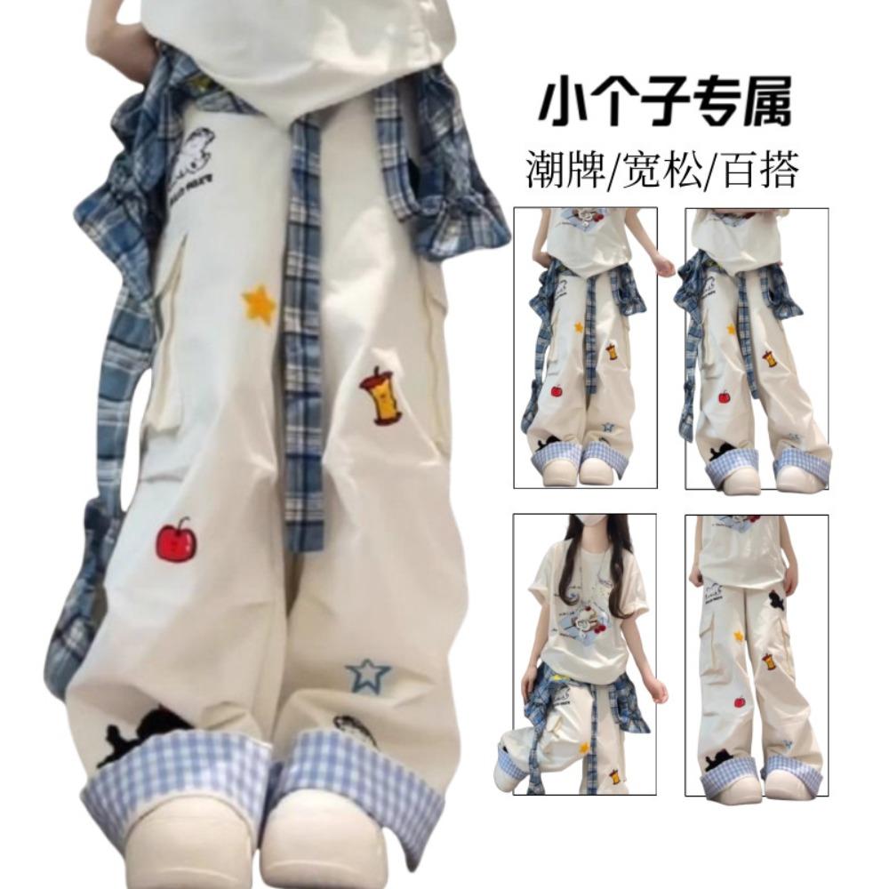 women s High Waisted Cartoon Embroidered White Wide Leg Jeans Loose Straight Denim Pants S белый