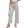 Women's High Waist Straight Leg Jeans Leopard Print Raw Frayed Hem Denim Long Pants