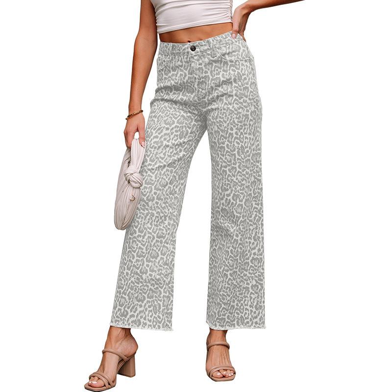 Women's High Waist Straight Leg Jeans Leopard Print Raw Frayed Hem Denim Long Pants