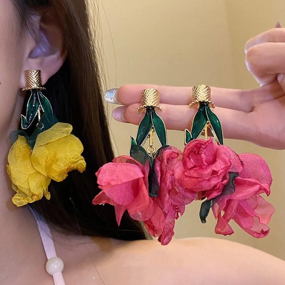 Exaggerated Long Flower Earrings Yellow / Rose Red Dangle Earrings Ear Studs  Garden