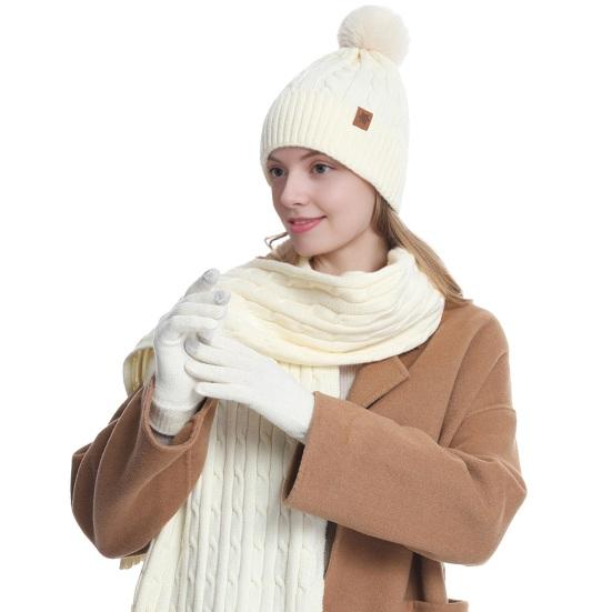 3Pcs/Set Women Hat Scarf Gloves Set Solid Color Twist Texture Thermal Lining Pompon Design Knitting Hat Long Scarf Gloves Set