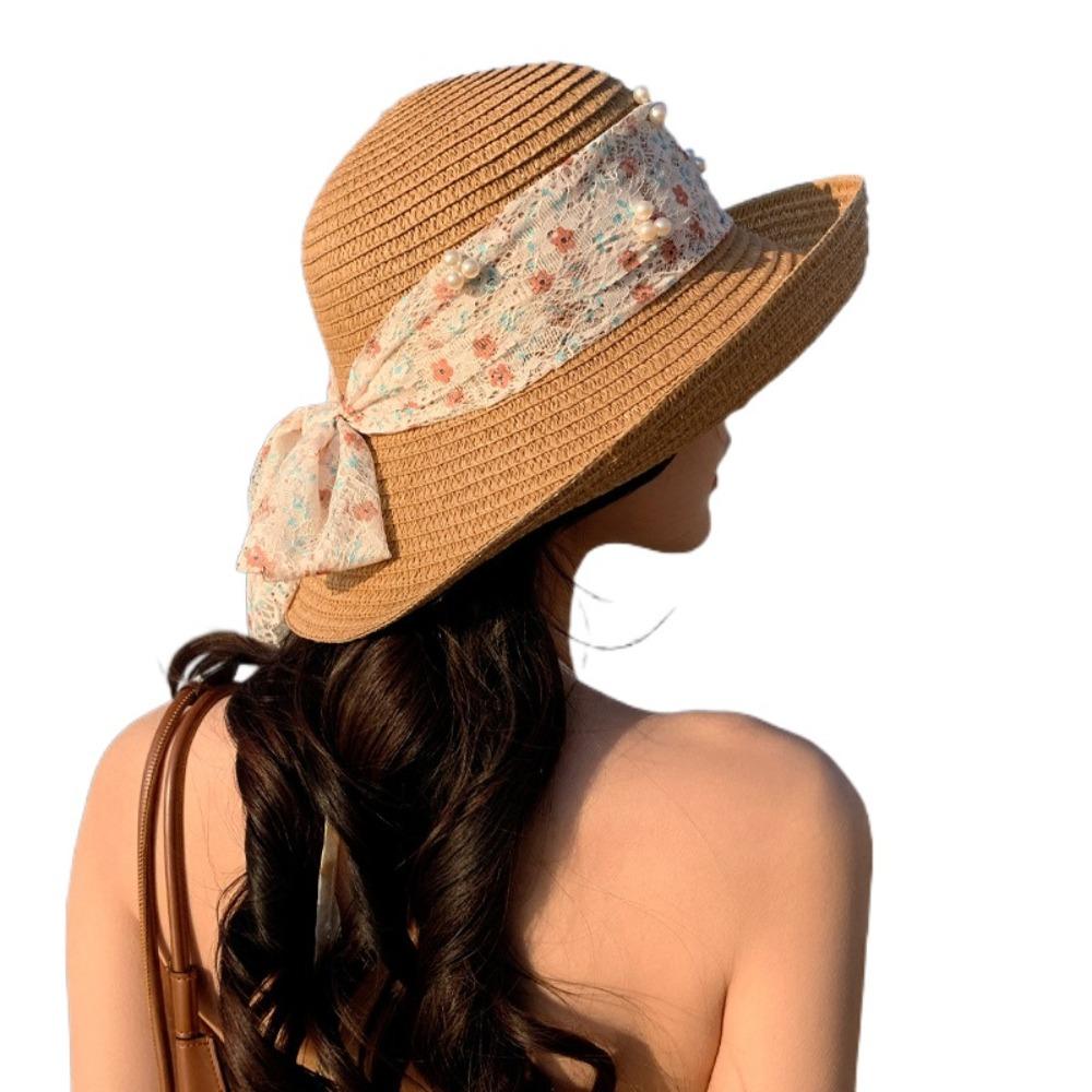Breathable Flower Fisherman Cap Large Brim Wide Brim Sun Hat Fashion Lace Bowknot Straw Hat  Beach
