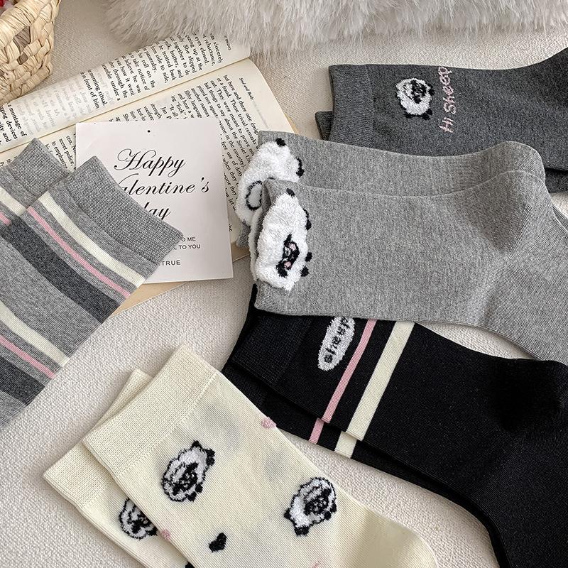 Female Spring and Autumn Lovely Assorted Cartoon Floss Lamb Striped Boneless Tube Pile Socks