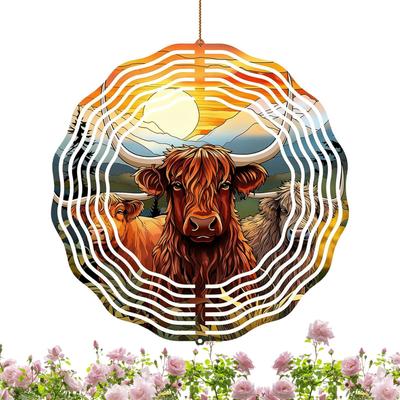 Hochlandrinder Windräder Metall Windspiel Outdoor Dekoration für Terrasse Garten Hof Balkon Äste Geländer Bauernhaus Dekoration