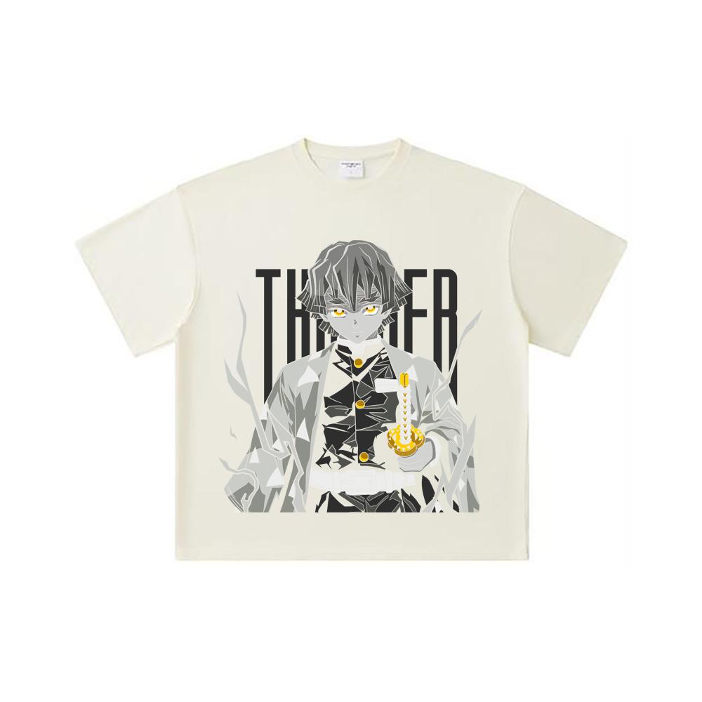 

260 GSM Double Yarn 32 Count 100% Cotton Demon Slayer V67 Zenitsu Print Unisex Heavy Cotton T Shirt S абрикосовый