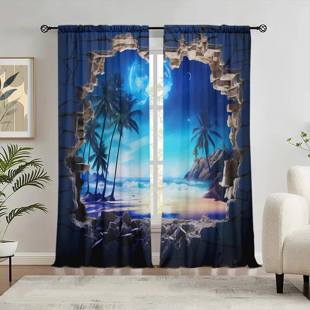 2pcs Moon Beach Printed Curtain for Home Decor - Rod Pocket Window Treatment for Bedroom, Office, Kitchen, Living Room,and Study