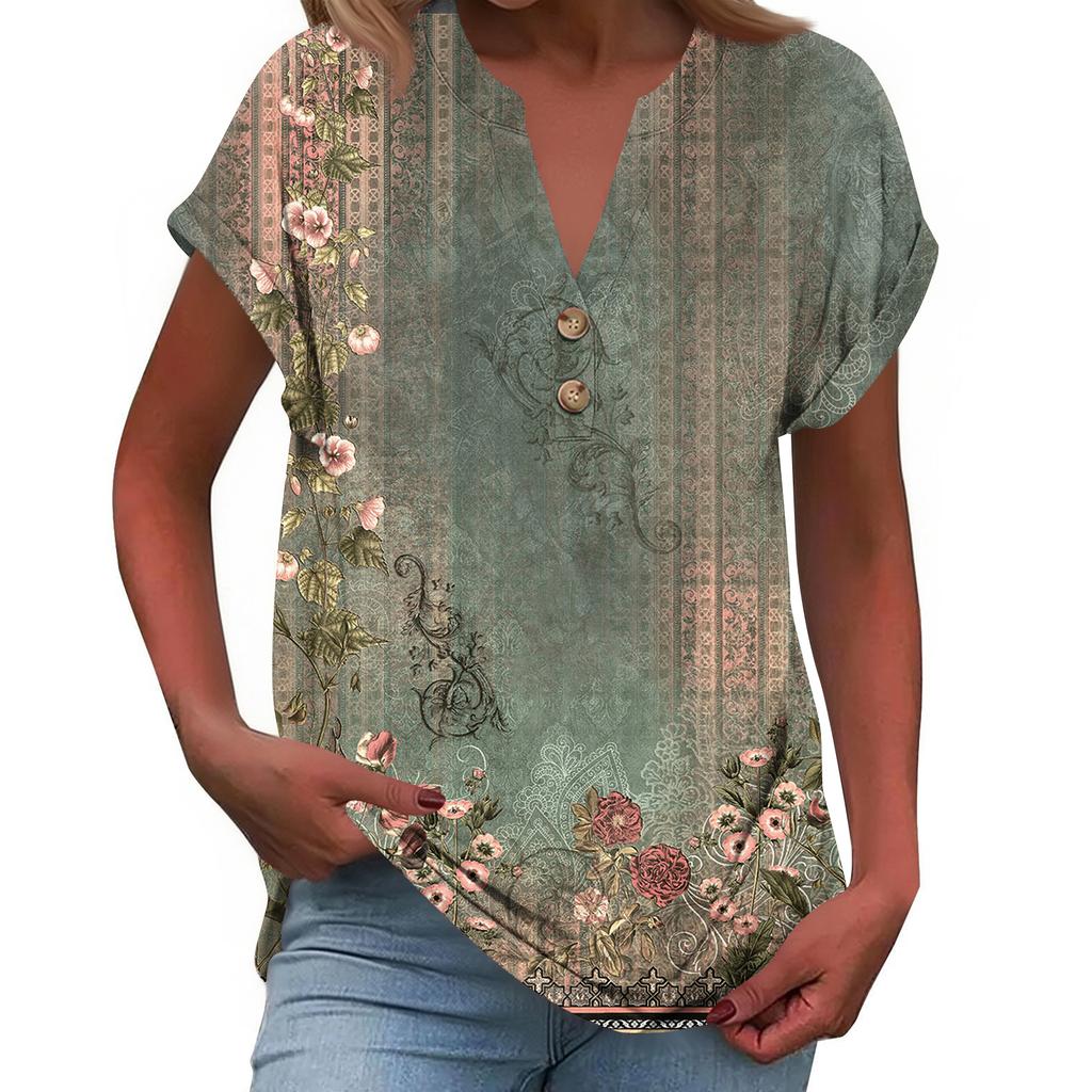 Modieuze Casual Losvallende Dames T-shirt Top met Korte Mouwen, Knopen en V-hals, Bedrukt