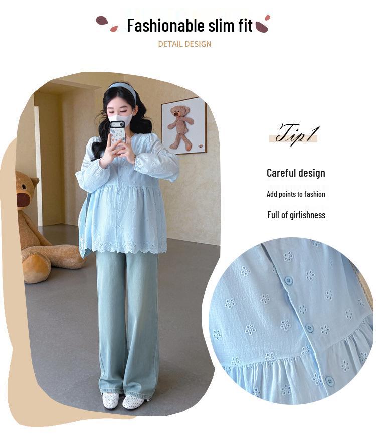 2026 Spring Maternity V-Neck Embroidered Doll Shirt – French Korean Style Loose Top