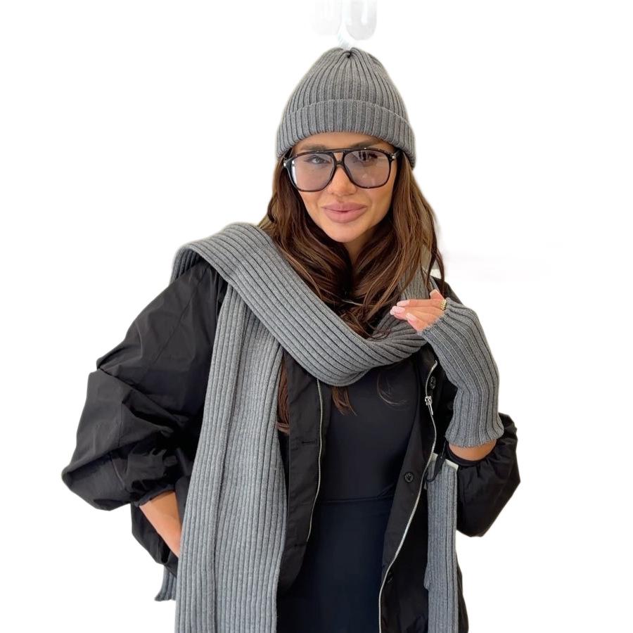 Winter wind solid color threaded knitted hat scarf two-piece set women's warm wool hat scarf set