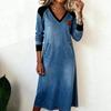 Dam V-ringning Färgblock Långärmad Denim Casual A-linje Midi Klänning med Fickor