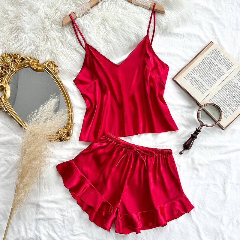 Women's Backless Spaghetti Strap Imitation Silk Pajamas Set - Casual, Fashionable, Sexy Shorts Lounge Wear