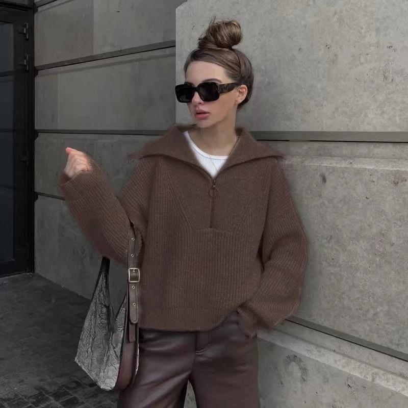 Women Vintage V-Neck Knit Pullover Sweater Long Sleeve Big Lapel Loose Casual Knitted Tops Autumn Winter Simple Fashion Kniwear Clothing