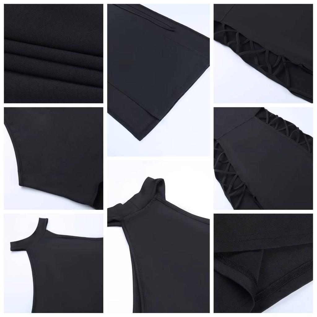 Goth Gothic Dress Cosplay High Split Sexy Bandage Women Dress Halter Slim Midi Dark Black Grunge Partywear
