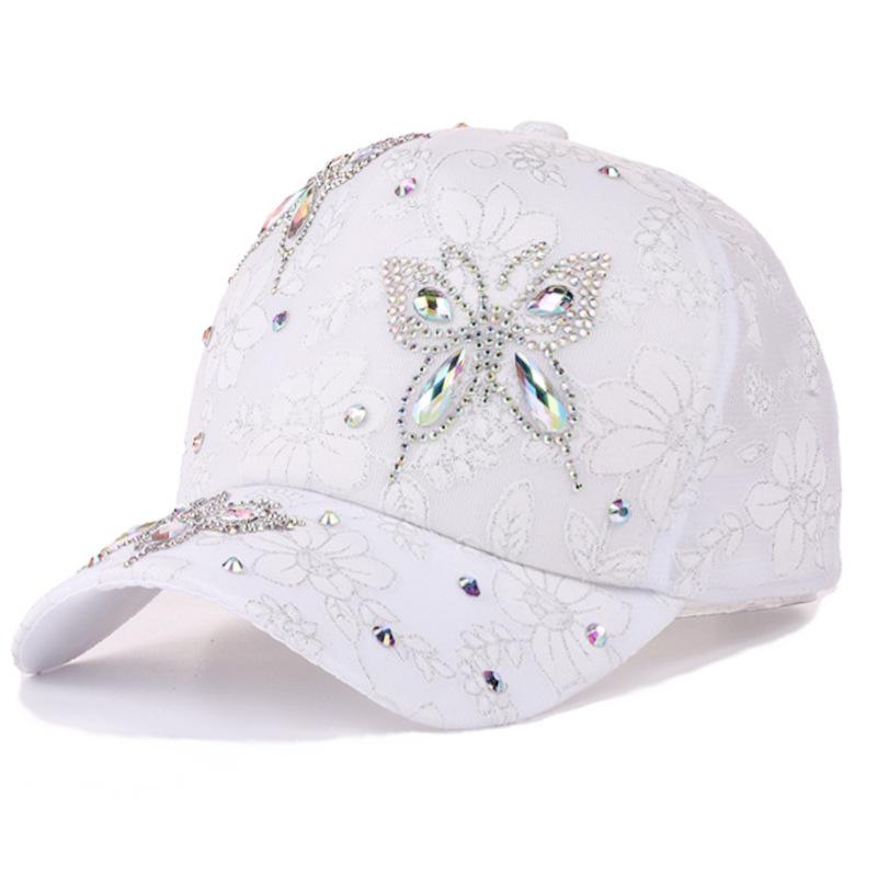 Women Baseball Cap Flower Butterfly Rhinestone Lace Breathable Sunshade Curved Brim Fashion Cap Street Dance Party Casual New