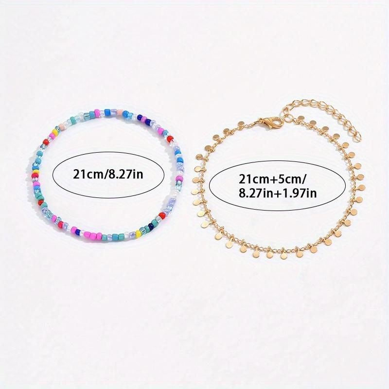 2 Pairs Women's Ankle Chain, Summer Beach Vacation Colorful Rice Bead Beaded Elastic Rope Bohemian Style Golden Round Tassel Chain Anklet Set