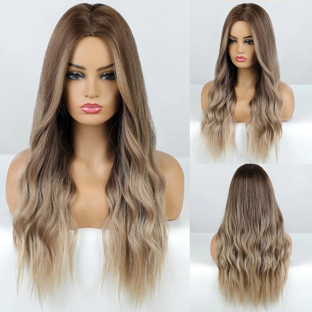 Long Wave Synthetic Wigs Ombre Black Blonde Wig with Side Bangs Heat Resistant Fiber Daily Party Hair Cosplay Wigs for Women