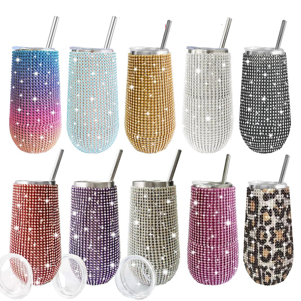 6oz Glänzender Diamant-Becher Bling Strass-Weinglas mit Strohhalm Edelstahl Isoliert Vakuum Champagnerbecher Tasse Eiform