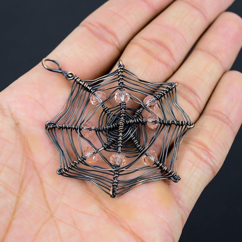 Spider Web Shaped Morganite Gemstone Pure Copper Wire Wrapped Handmade Pendant Jewelry For Gift