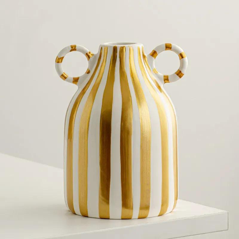 

Fun Hand-painted Ceramic Flower Vase with Two Ears Creative Stripe Vase Flower Arrangement Decoration Table Ornaments Home Gifts дубильна кора