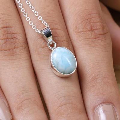 Natural Larimar Pendant Necklace, Handmade Jewelry, Reiki Pendant, Simple Necklace, Beautiful Gifts, 925 Sterling Silver