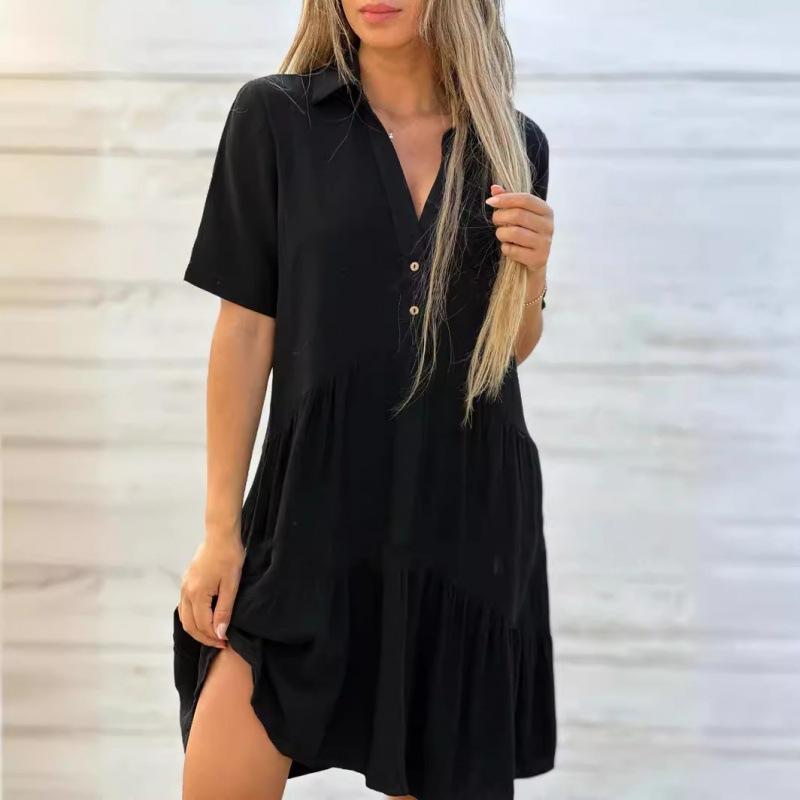 Vestito estivo da donna, ampio, tinta unita, con risvolto, casual, a maniche corte