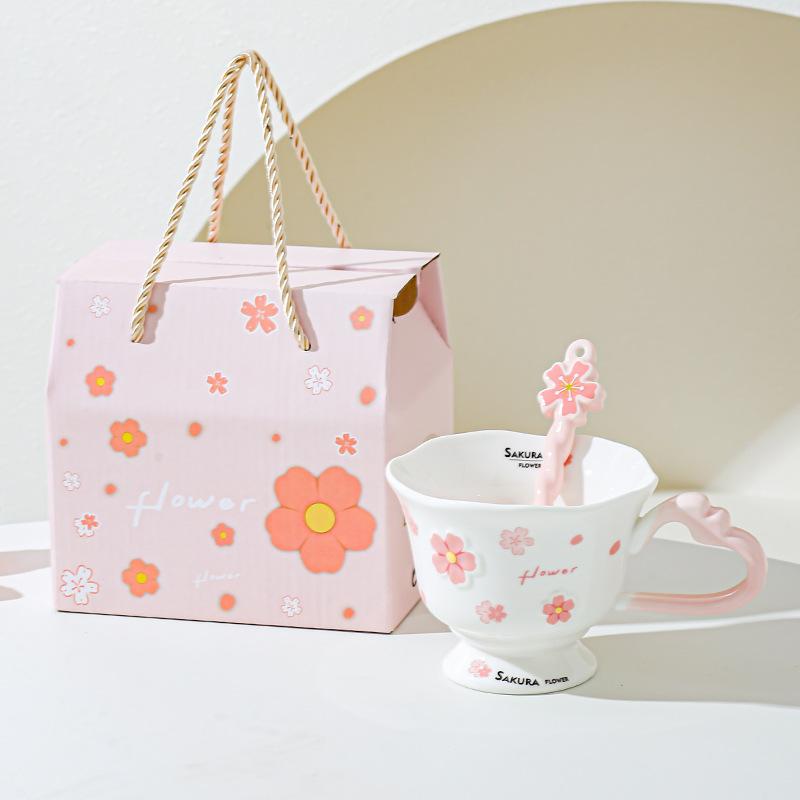 High Looking Cherry Blossom Goblet Souvenir Ceramic Girl Office Drinking Water Cup Breakfast Cup Elegant Cup