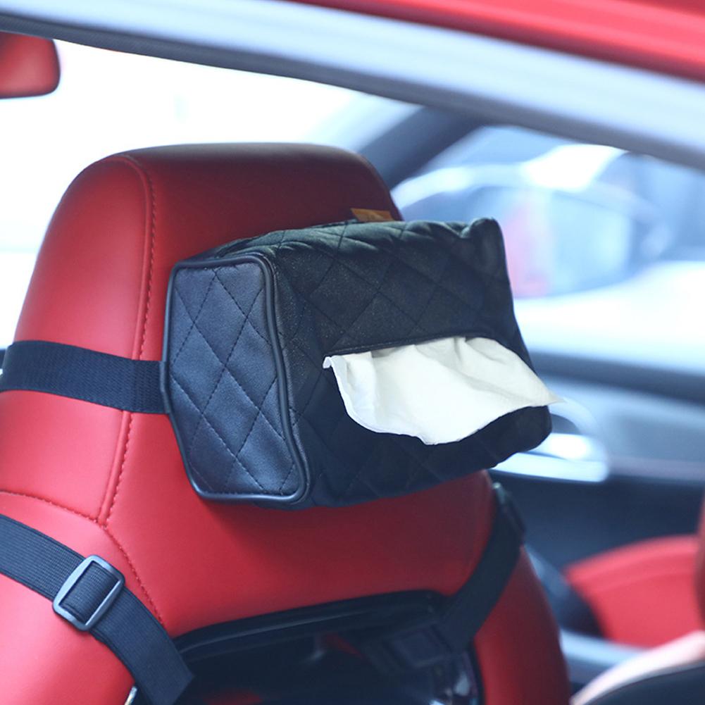 Solid Color Checkered Leather Wear-resistant Tissue Strap Hanging Car Box Easy Sunshade Installation Tissue-bag Back B H7m6