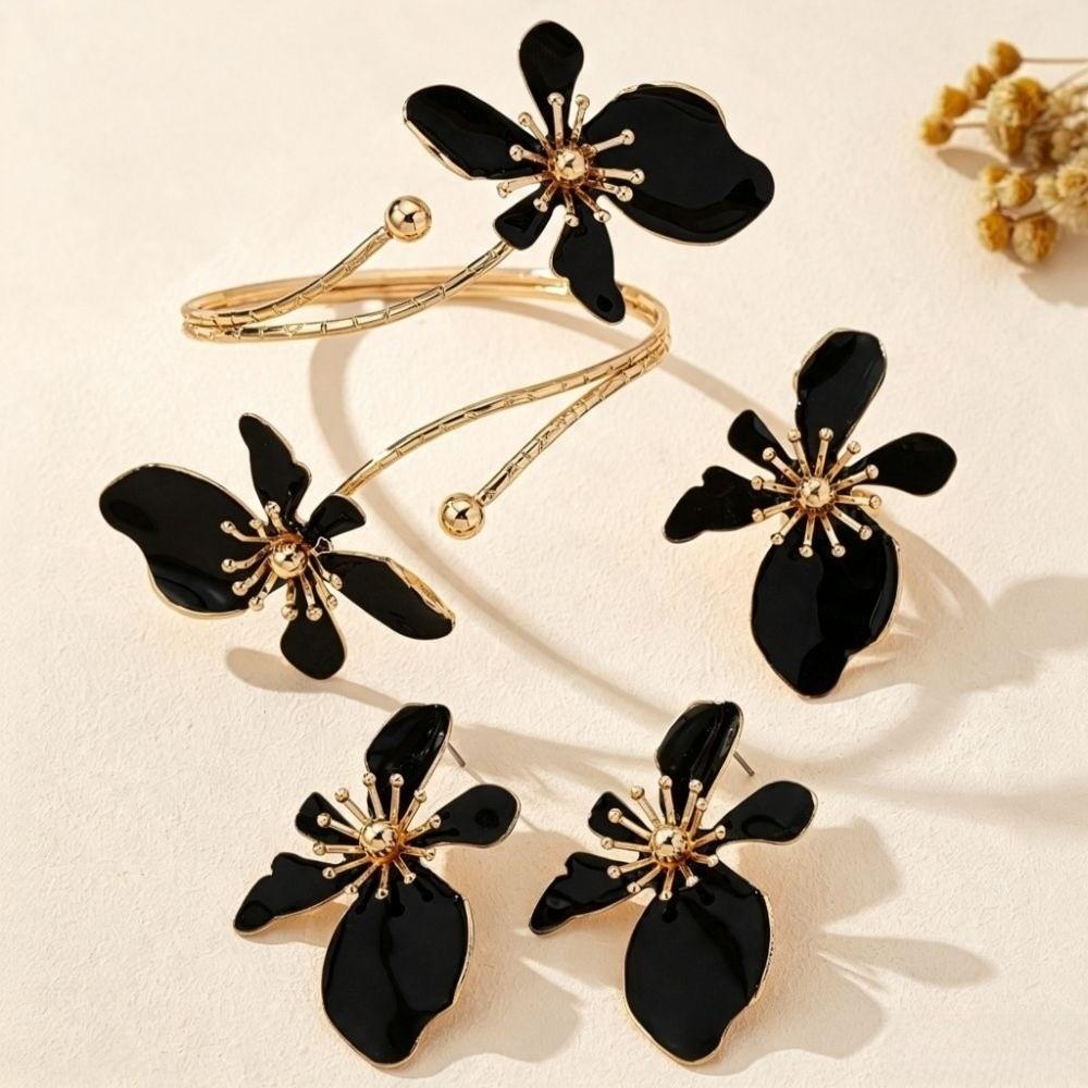 Elegant Armmanschett Örhänge Ring Vintage Blommig Armband Armband Hand Smycken Blommig Öppen Manschett Gåva