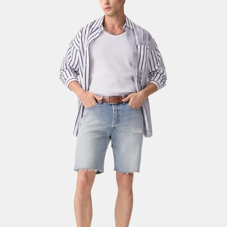 Levis Simple Comfortable Versatile Casual Striped Long Sleeve Shirt Men Shirts Black White 003MX-0001