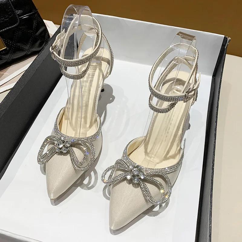 Banquet Dress White High Heels Elegant Temperament Dress Wedding Shoes Rhinestone Pointed Hollow Toe Sexy Sandals for Women
