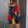Damen ärmelloser Spaghettiträger Romper mit abstraktem Geometriedruck, Tasche, kurzer Jumpsuit