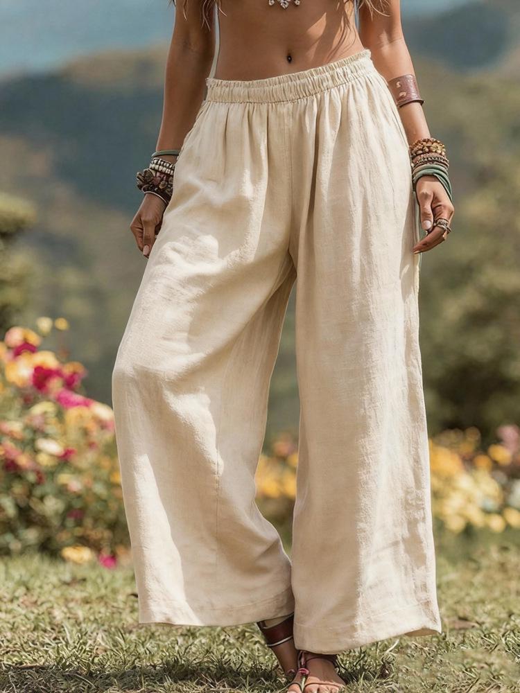 

2026 Spring-Summer Women s Solid Color Casual Wide-Leg Pants - Loose, Side Pocket, Elastic Waist, Cotton Linen 2XL абрикосовый