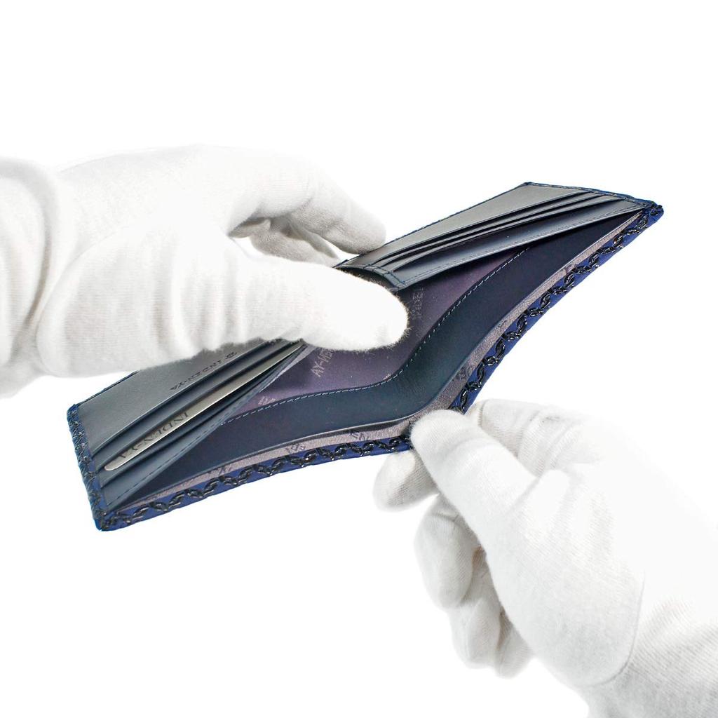 Inden Billfold No Coin Navy Blue with Black Small Ring [Inden-ya] Bi-fold Wallet, I, Pocket, Deerskin, Lacquer, Pattern, 2005-04-177