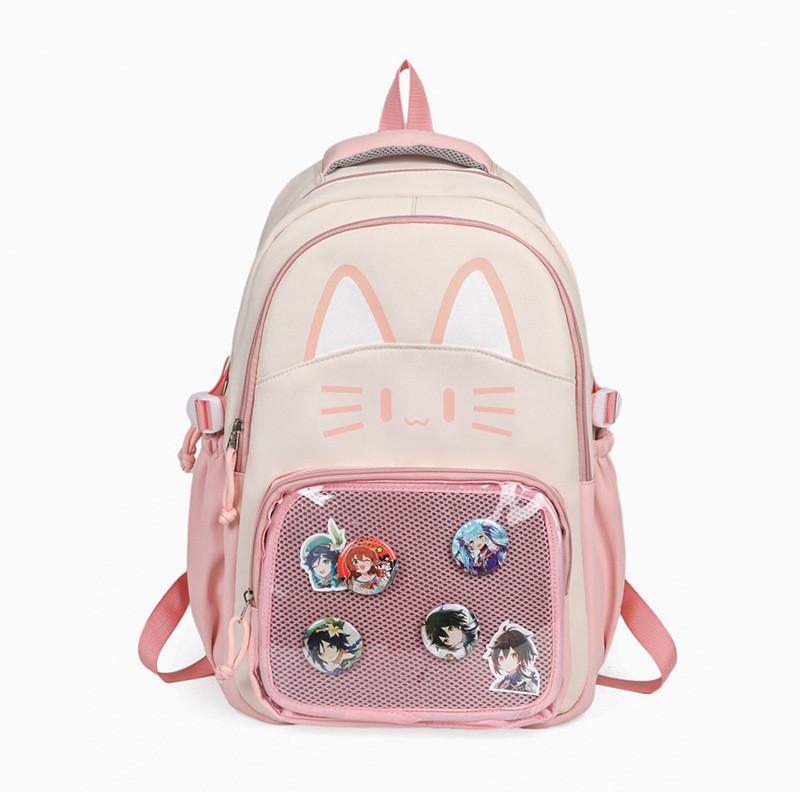 

Cat Pattern Student Backpack With Transparent Compartment And Badge For School And Travel рожевий