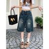 Vintage design embroidered five-point denim shorts for women, loose wide-leg straight-leg pants in summer