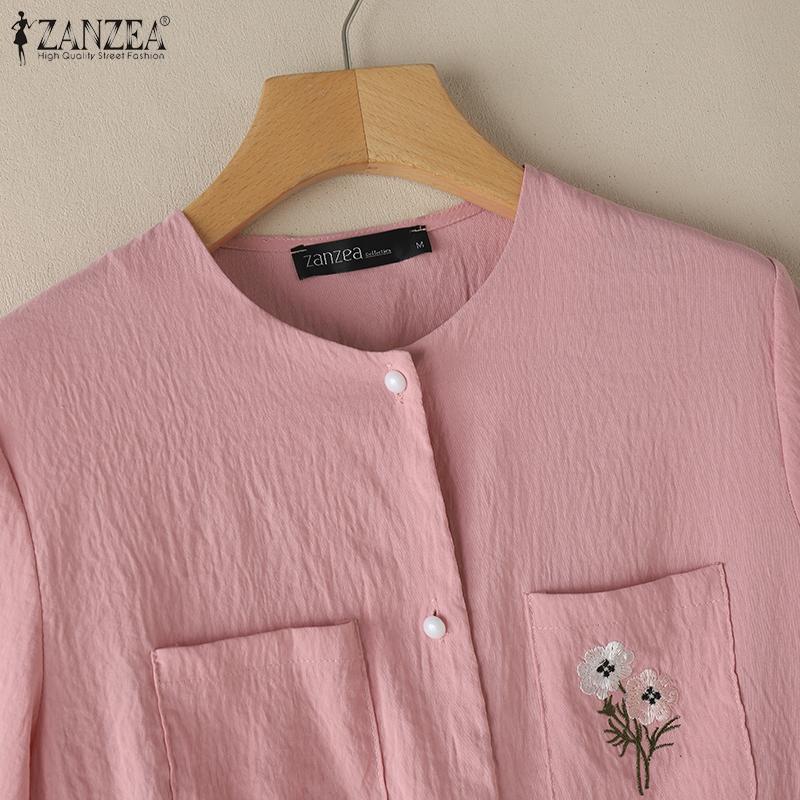 ZANZEA Women Floral Embroidery Casual Round Neck Short Sleeve Blouse