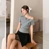 Summer unique design ruffle pleated slanted shoulder short-sleeved T-shirt women's off-the-shoulder thin sexy 