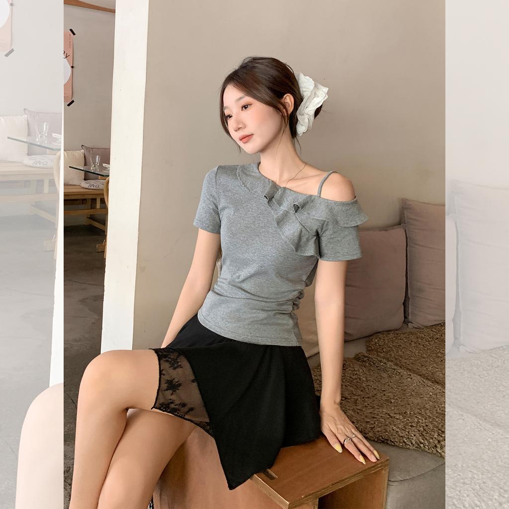 Summer unique design ruffle pleated slanted shoulder short-sleeved T-shirt women's off-the-shoulder thin sexy