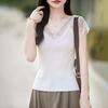 Spring and Summer New Style Double Curved V-Neck Lace Patchwork Knitted Shirt Short-Sleeve Women's Tight-Fitting Slimming Pullover T-Shirt Top