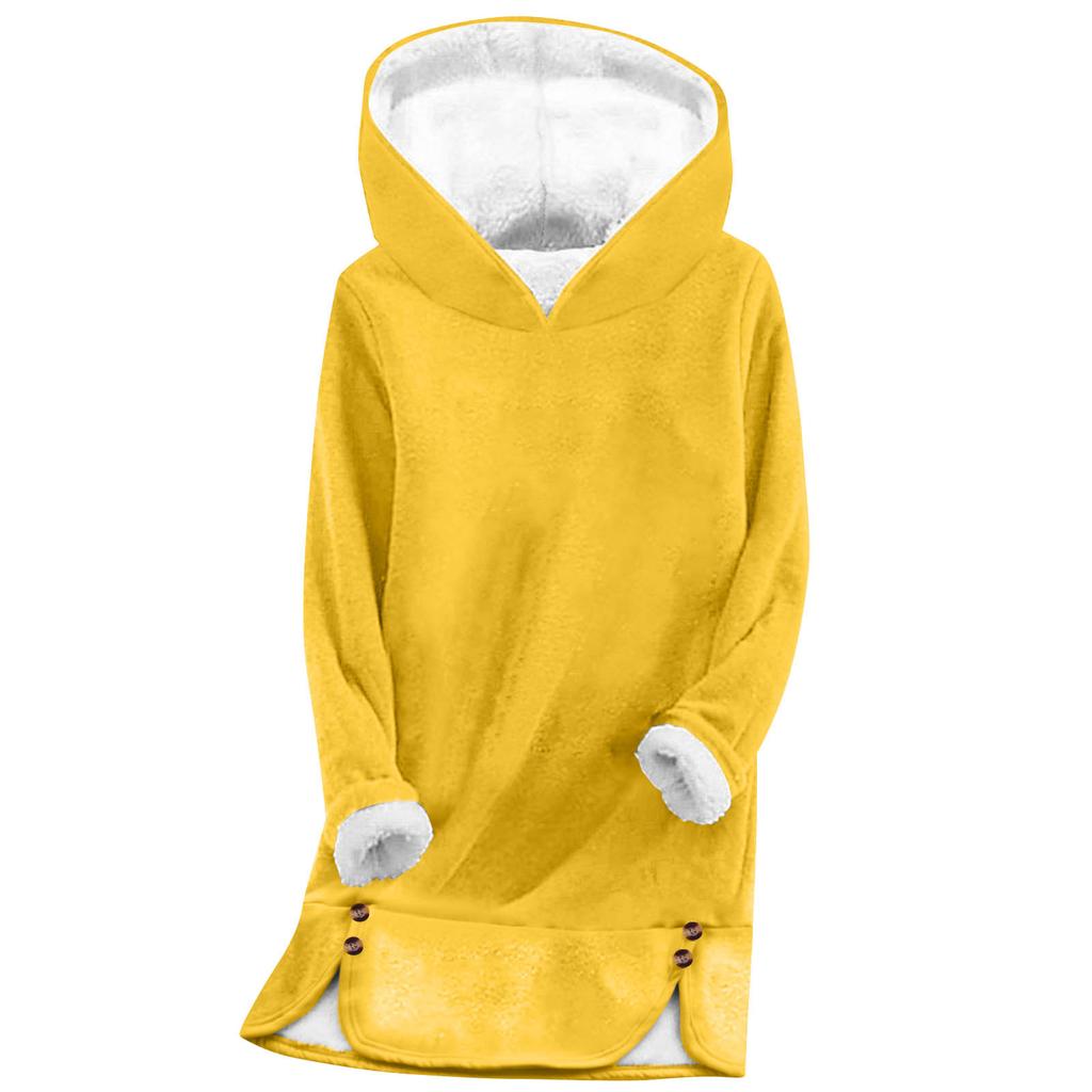 Women's Fashionable Solid Color Hooded Long Sleeved Plush Versatile Warm Bottom Shirt Top