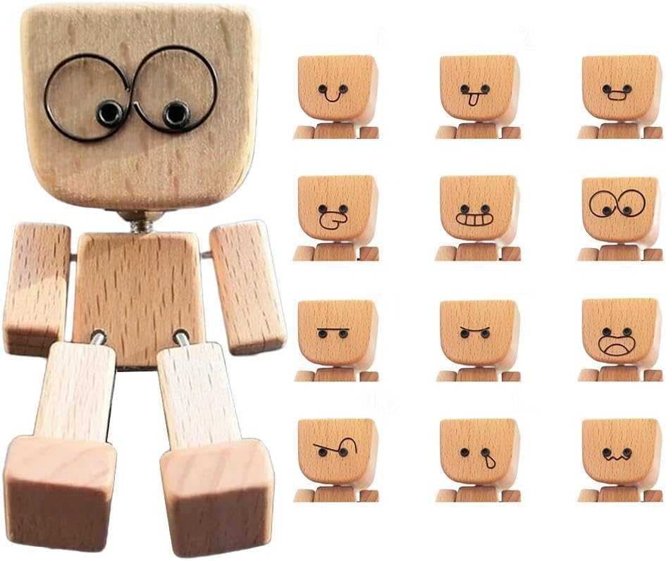 1 sada Třesoucí se dřevěná figurka muže s 12 magnetickými výrazy Ručně vyrobená třesoucí se nohy dřevěná panenka Dekorace na palubní desku auta, na stůl