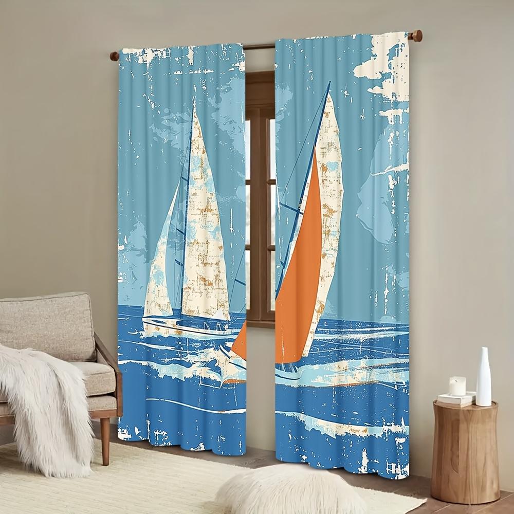 2D Flat   2pcs 2D Flat Printing Nautical Grunge Style Racing Sailboats In A Windy Ocean Water Print Printed Curtains   Rod Pocket