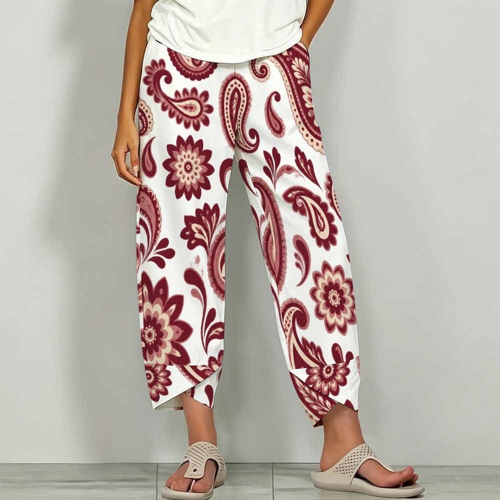 Women Plus Size Loose Fit Floral Paisley Printed Cross Hem Cropped Pants