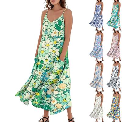 Women's Fashion Casual Floral Print Sleeveless Pocket Long Beach Dress