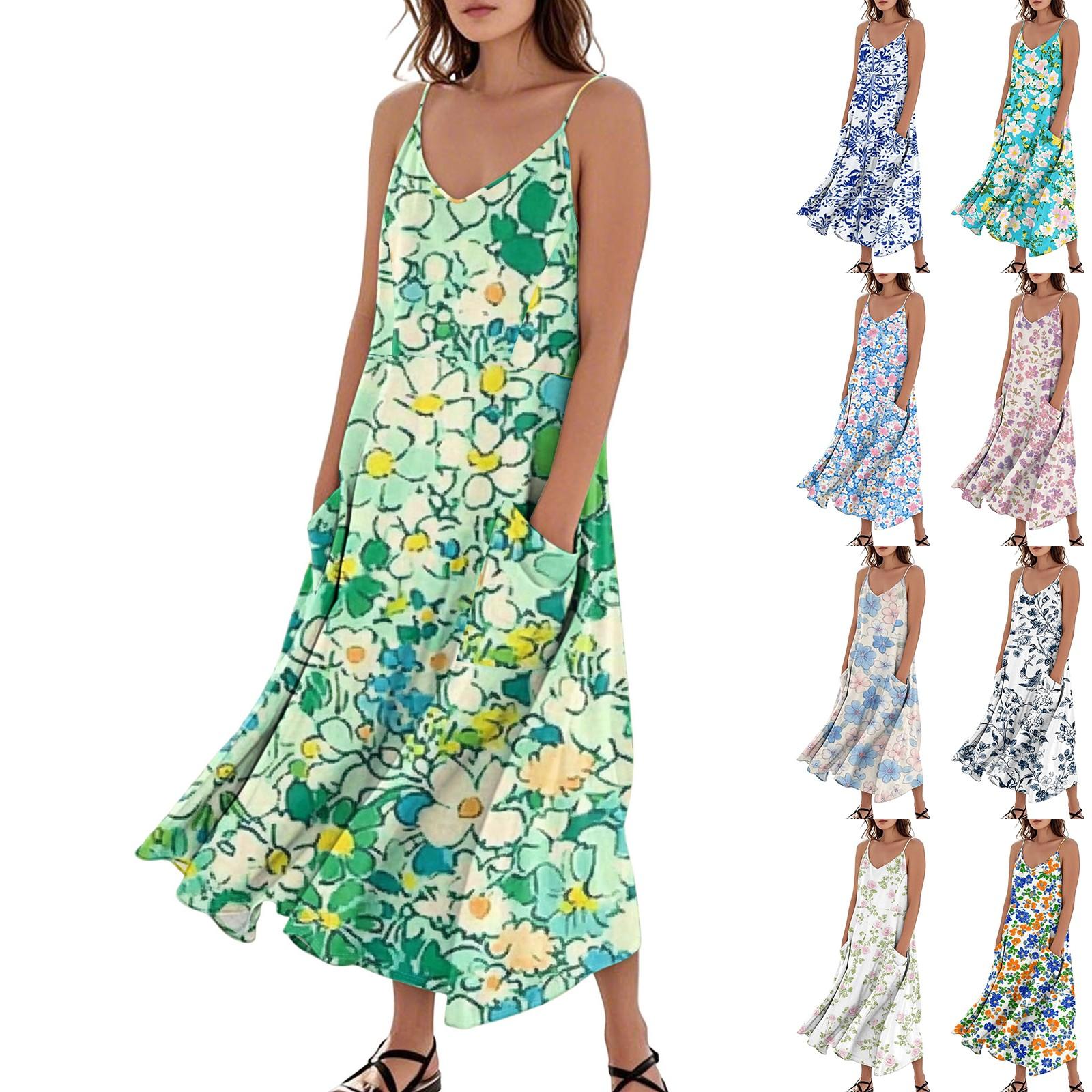 

Women s Fashion Casual Floral Print Sleeveless Pocket Long Beach Dress M синій