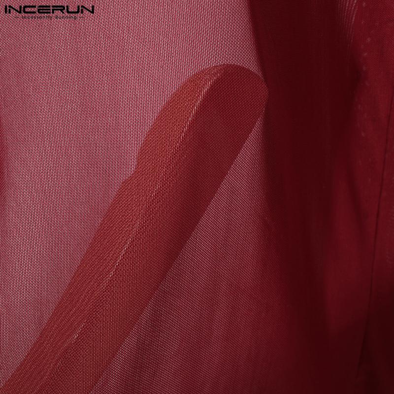 INCERUN Men Turtleneck Long Sleeve Mesh Skinny Tops See Through T-shirts Undershirt